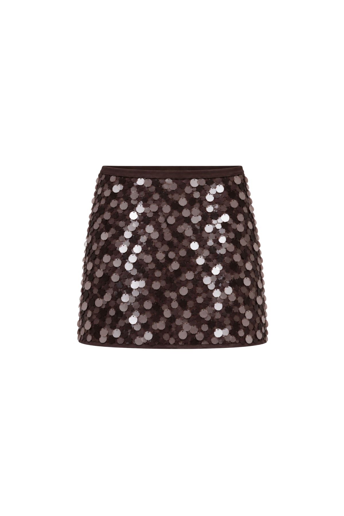 Bruine Julia sequin rok van Bolina Island met glanzende pailletten en elegante uitstraling, gedragen door een model