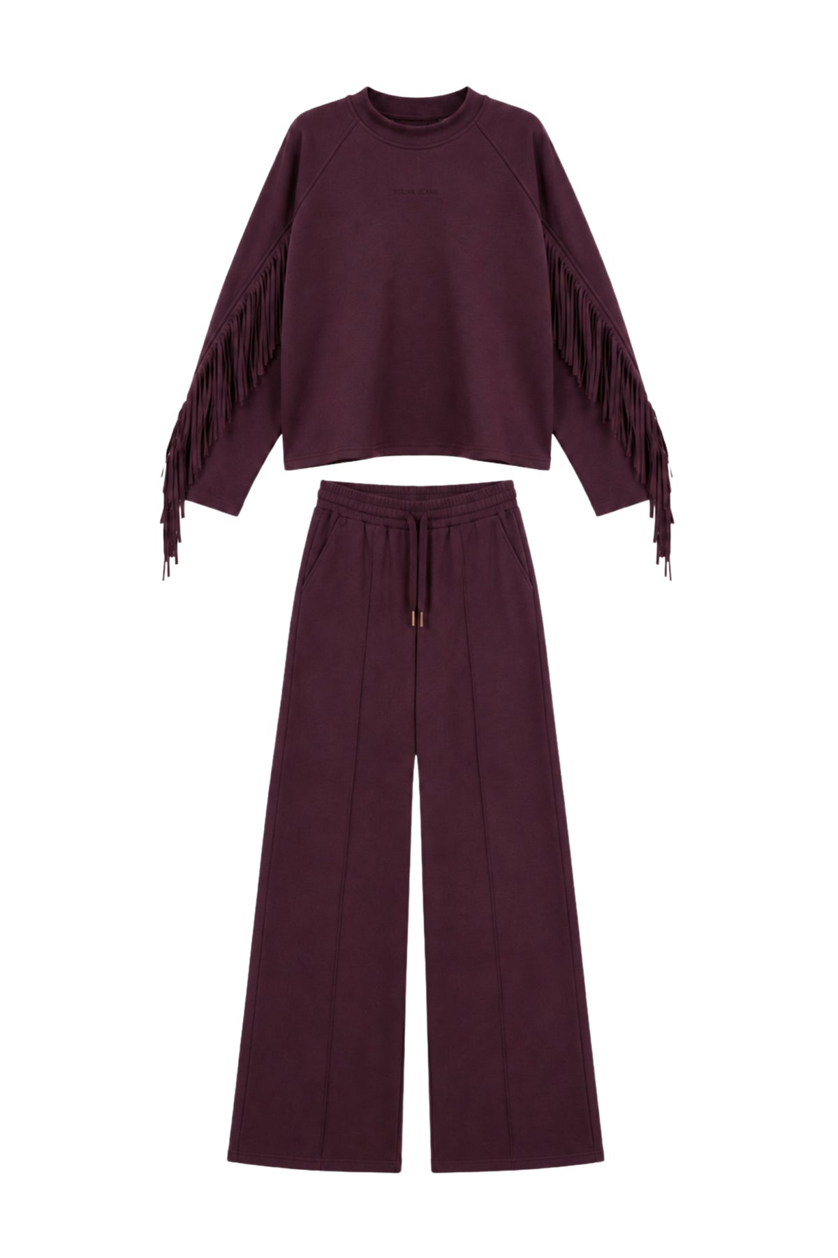 Bolina Island set Amber Fringe aubergine truien en vesten met franjes, warme en stijlvolle kleding voor dames.