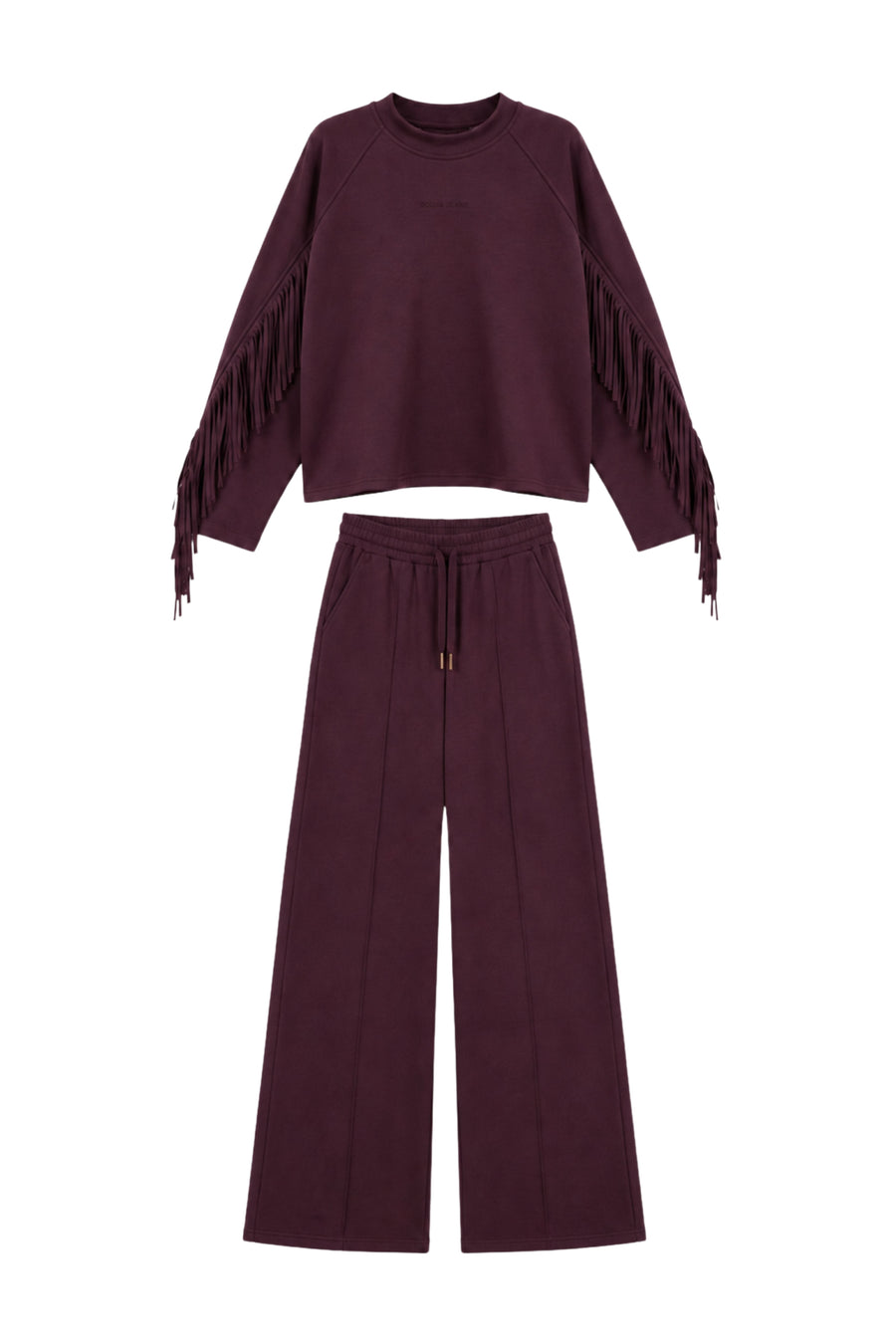 Bolina Island set Amber Fringe aubergine truien en vesten met franjes, warme en stijlvolle kleding voor dames.