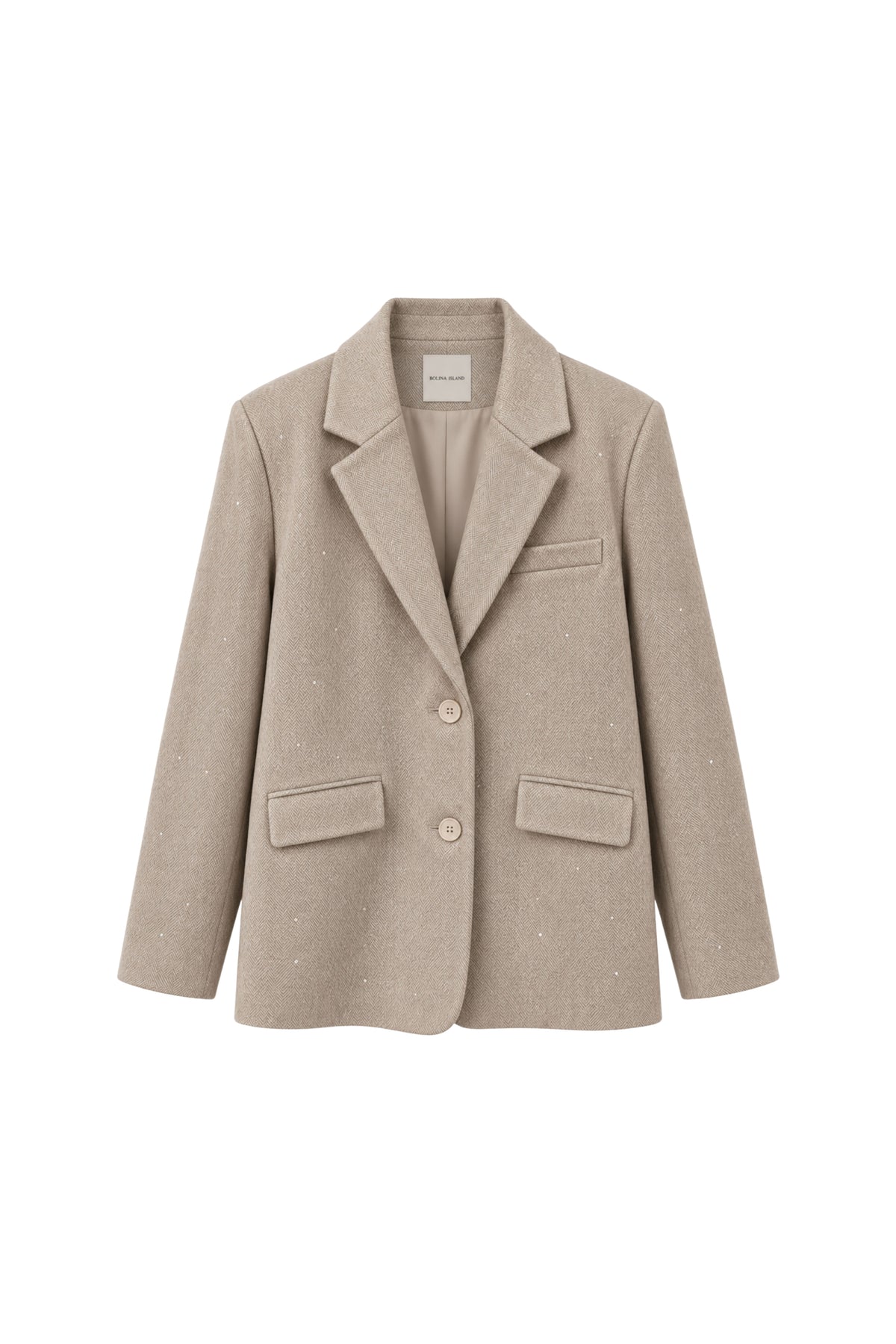 Blazer Esme van Bolina Island, lichtblauw met knopen en revers, gedragen door een model op een witte achtergrond.
