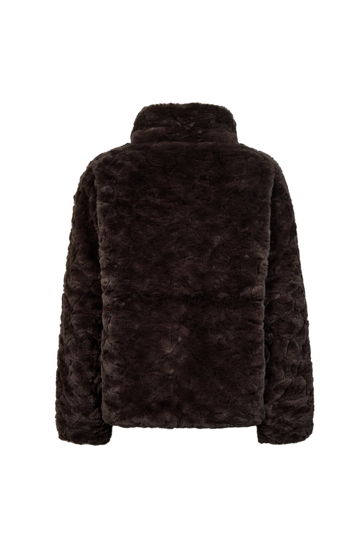 Donkere Freequent Fqfoby Mole jas met capuchon en ritssluiting, getoond op een model.