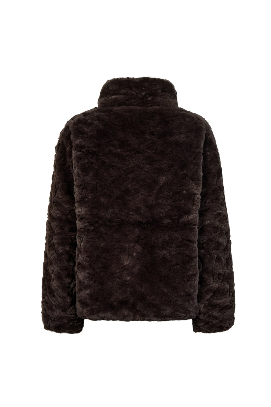 Donkere Freequent Fqfoby Mole jas met capuchon en ritssluiting, getoond op een model.