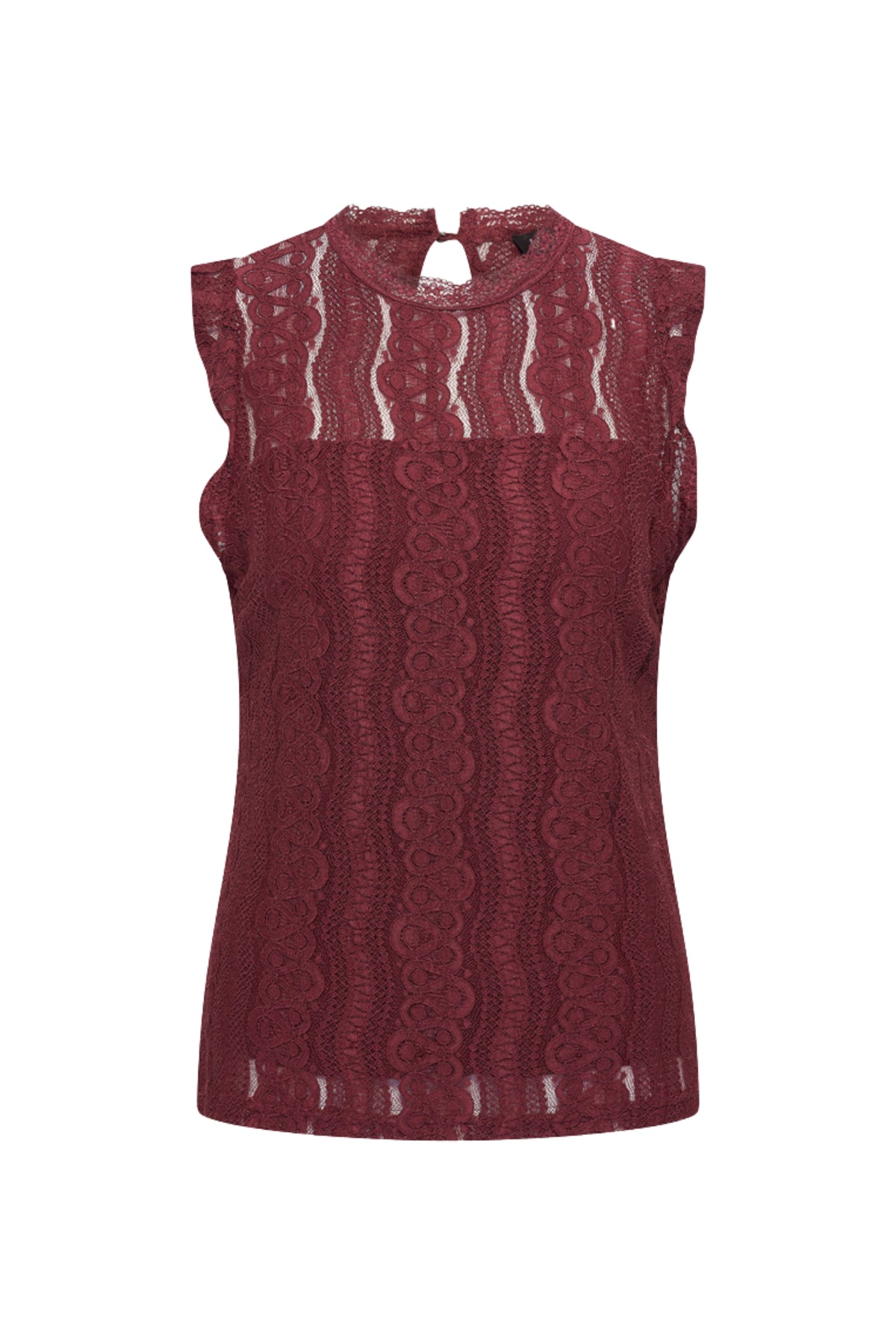 Burgundy Travel Top Kant van Mi Piace, elegante top met kantdetails, gedragen door een model, close-up van de stof en stijl.