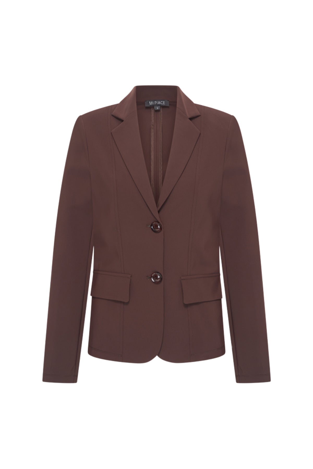 Donkerbruine Bonded Travel Blazer van Mi Piace, getoond in een close-up met stofstructuur en knopen.