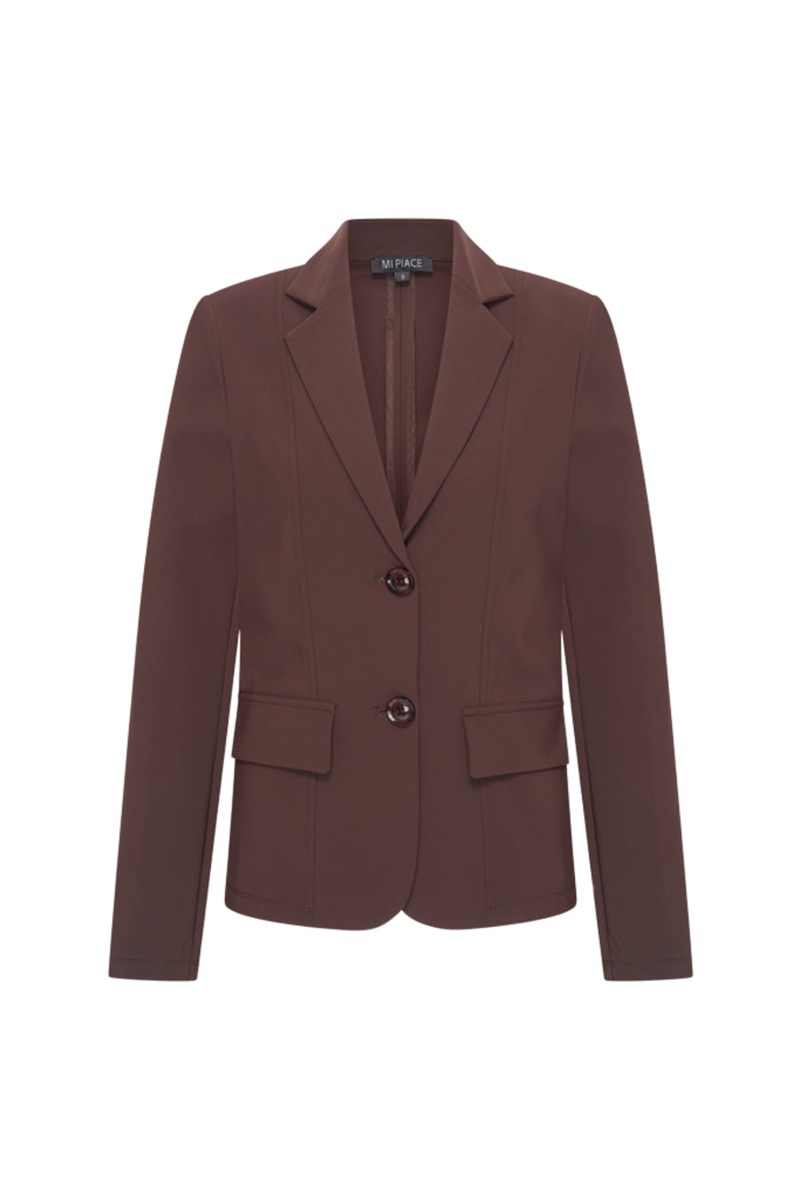 Donkerbruine Bonded Travel Blazer van Mi Piace, getoond in een close-up met stofstructuur en knopen.