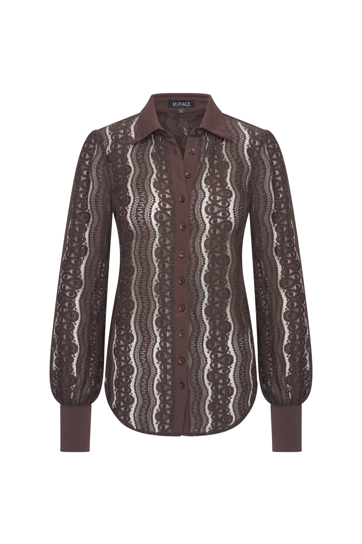 Elegante reisblouse van Mi Piace in espressokleur met kantdetails, geschikt voor reizen en casual gelegenheden.