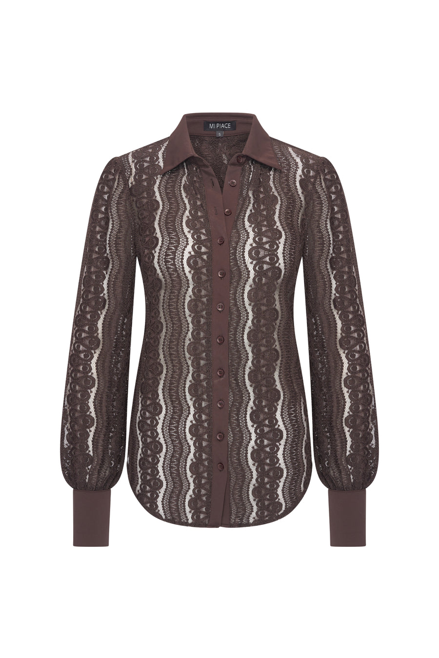 Elegante reisblouse van Mi Piace in espressokleur met kantdetails, geschikt voor reizen en casual gelegenheden.