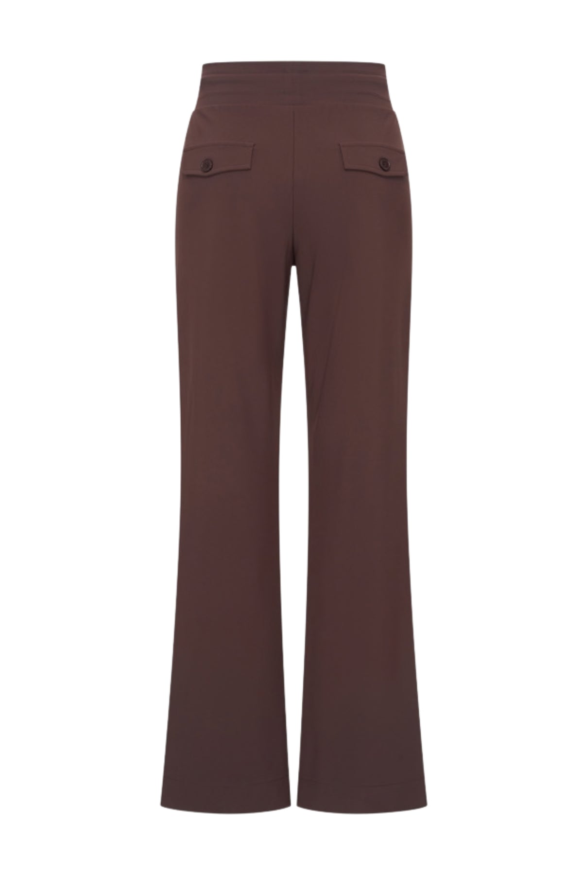 Zwarte flared reiskledingbroek van Mi Piace met een espresso-kleur, zichtbaar op de foto.