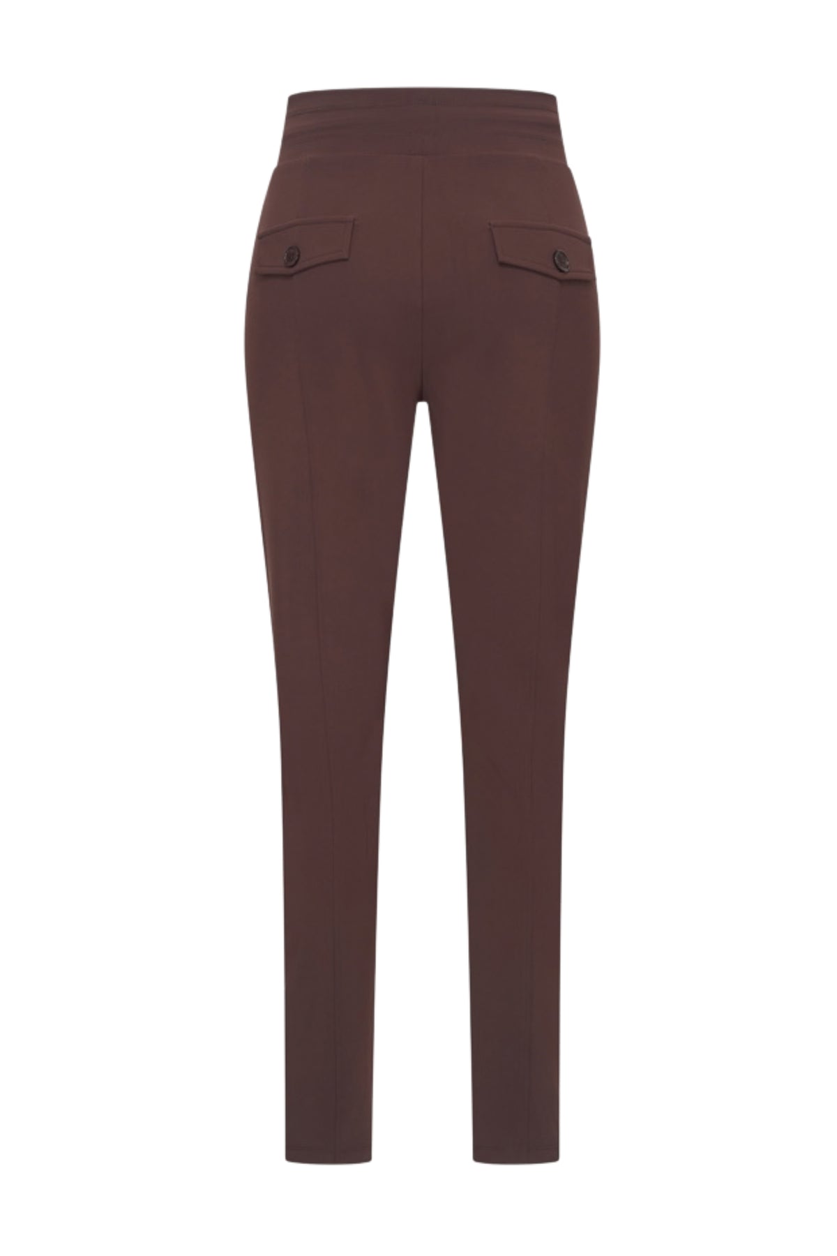 Mi Piace Bonded Travel broek in espresso kleur, close-up van de stof en pasvorm.