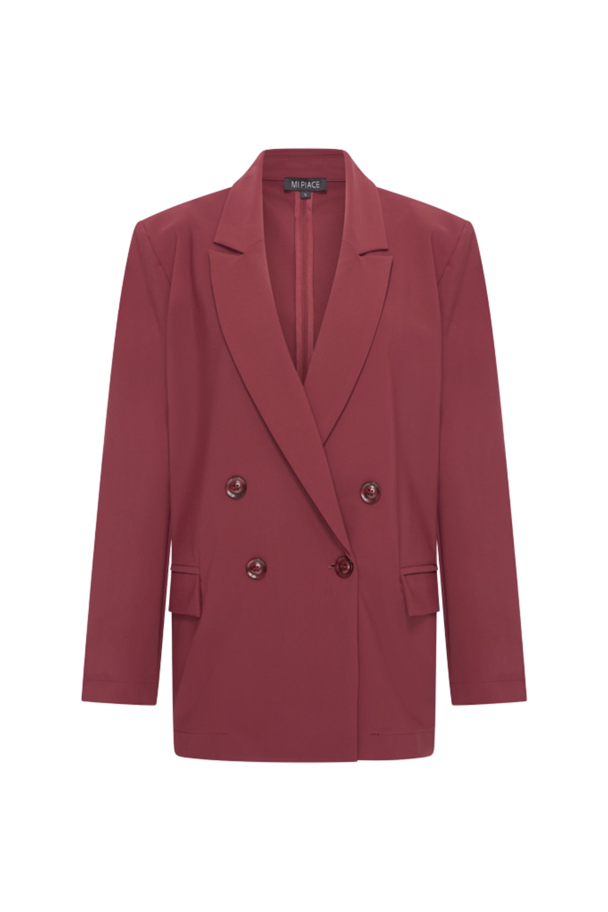 Oversized bonded travel blazer in burgundy van Mi Piace, zichtbaar met relaxte pasvorm en stijlvolle details.