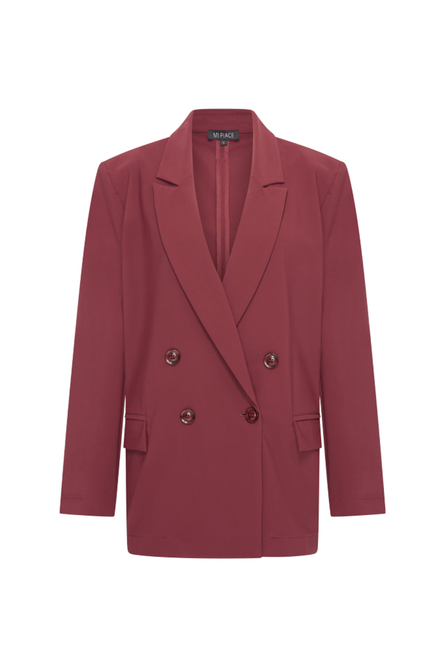 Oversized bonded travel blazer in burgundy van Mi Piace, zichtbaar met relaxte pasvorm en stijlvolle details.