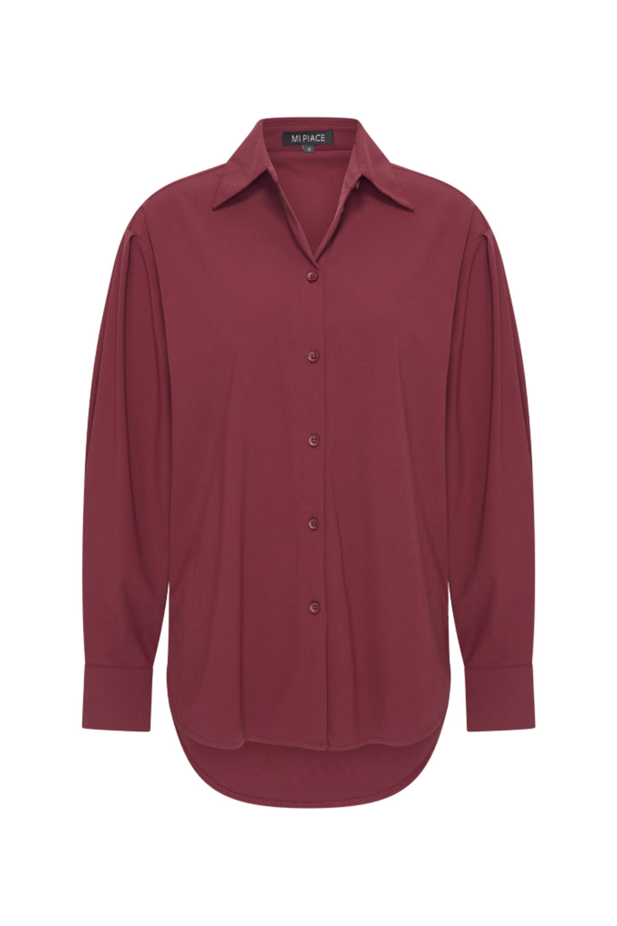 Lichte bordeaux reisblouse van Mi Piace met lange mouwen en ronde hals, gedragen door een model.