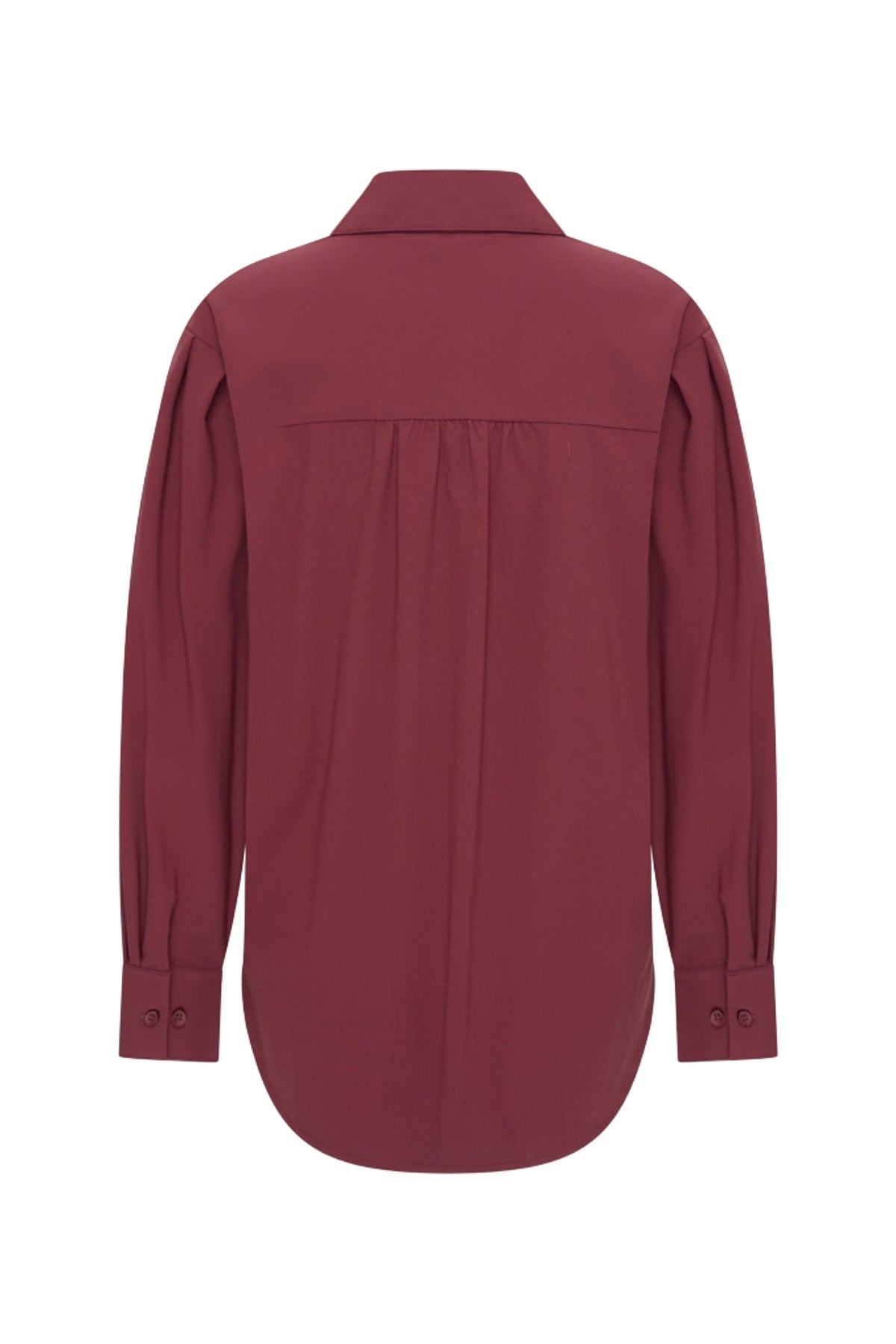Lichte bordeaux reisblouse van Mi Piace met lange mouwen en losse pasvorm, gedragen door een model.