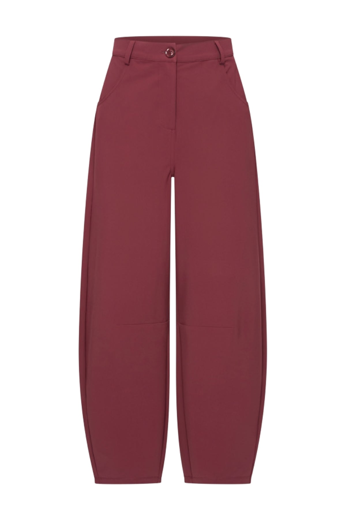 Mi Piace bonded travel balloon broek in burgundy, casual damesbroek met elastische taille en comfortabele pasvorm.