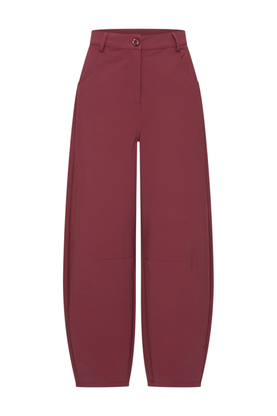 Mi Piace bonded travel balloon broek in burgundy, casual damesbroek met elastische taille en comfortabele pasvorm.