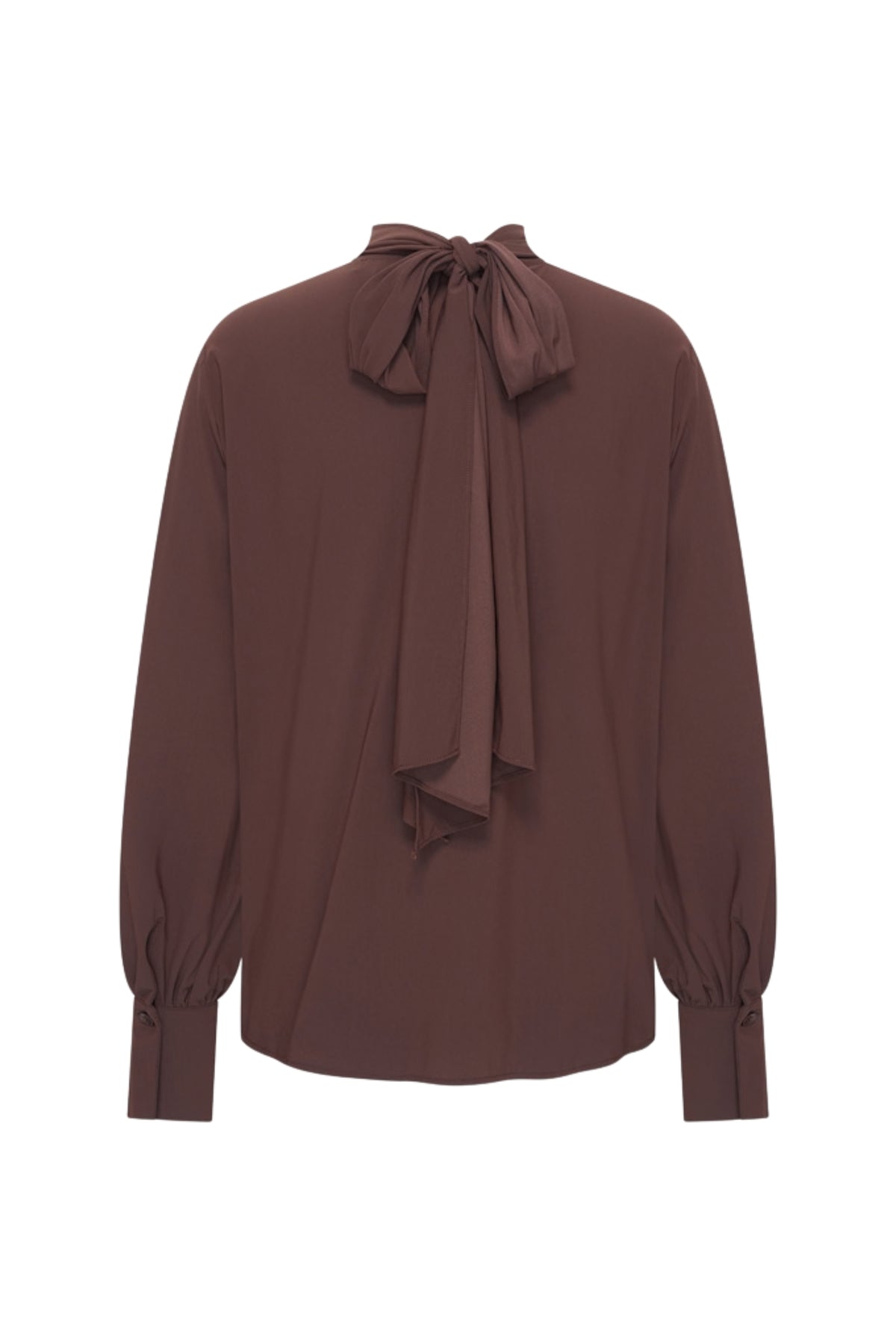 Lichte reisblouse van Mi Piace met strikdetail in espressokleur, geschikt voor comfortabele en stijlvolle reizen.