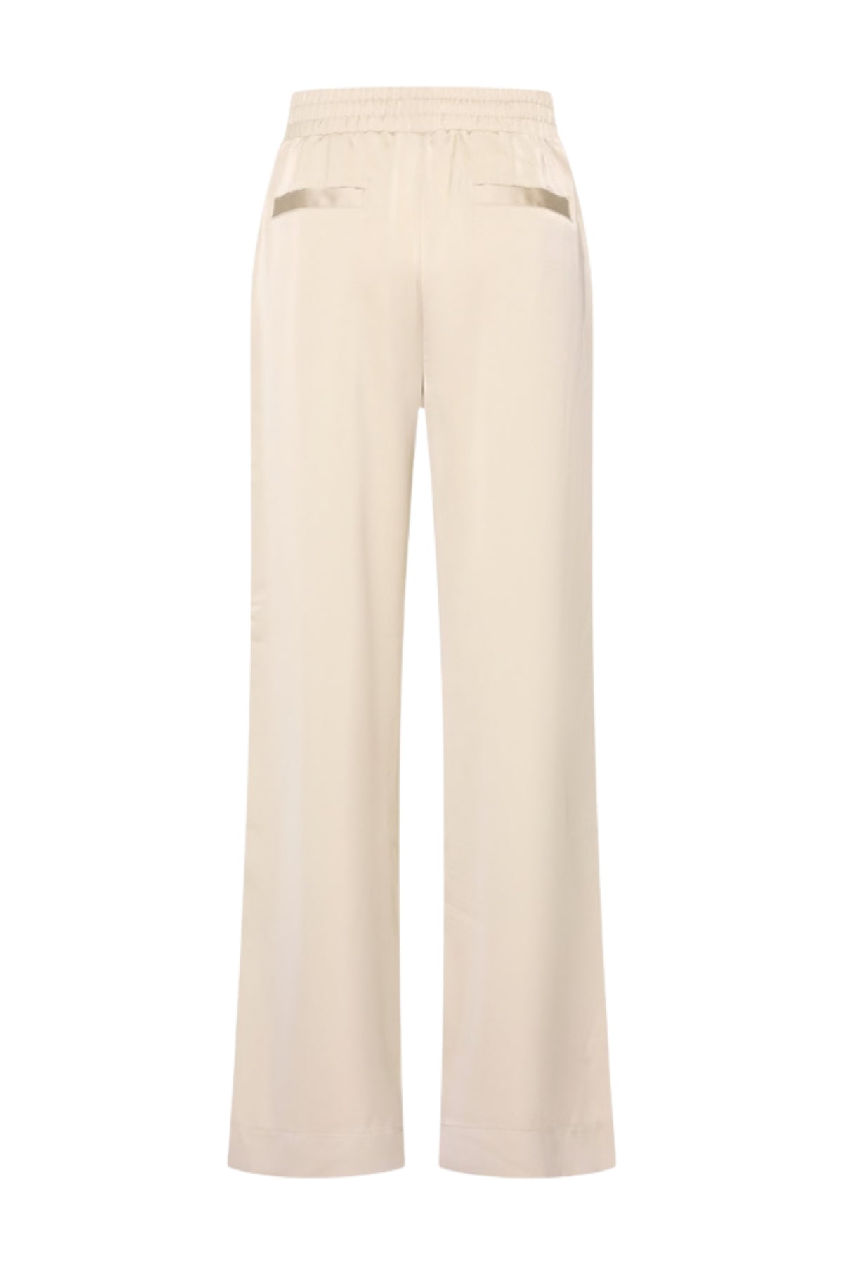 Zwarte satijnen broek van Mi Piace, model Sand, met een elegante en glanzende afwerking, zichtbaar op de afbeelding.