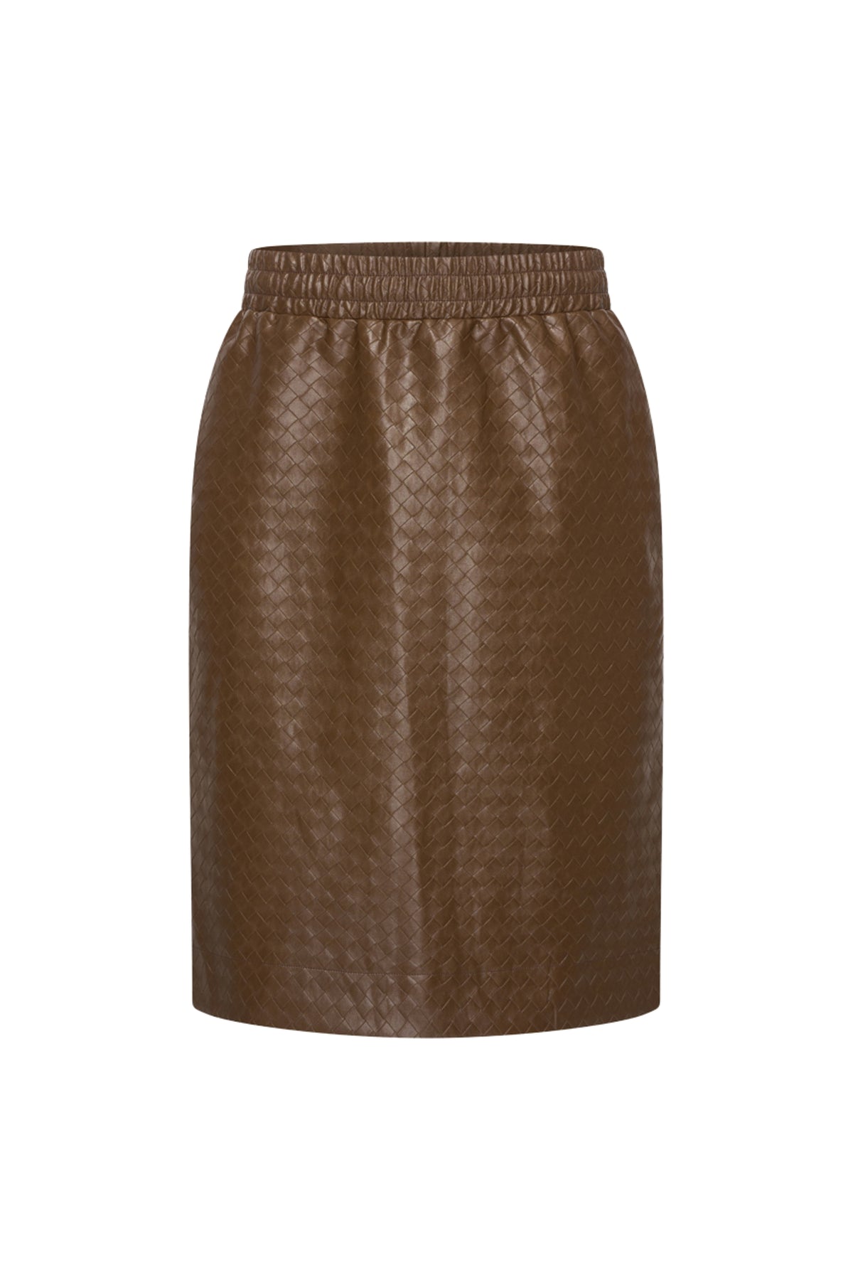 Vegan leren rok met geweven textuur in chestnut kleur, van Mi Piace, modieus en duurzaam dameskledingstuk.