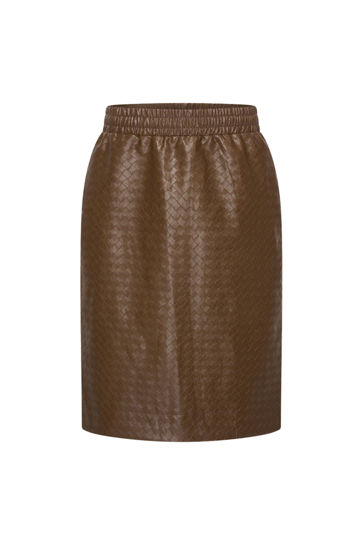 Vegan leren rok met geweven textuur in chestnut kleur, van Mi Piace, modieus en duurzaam dameskledingstuk.