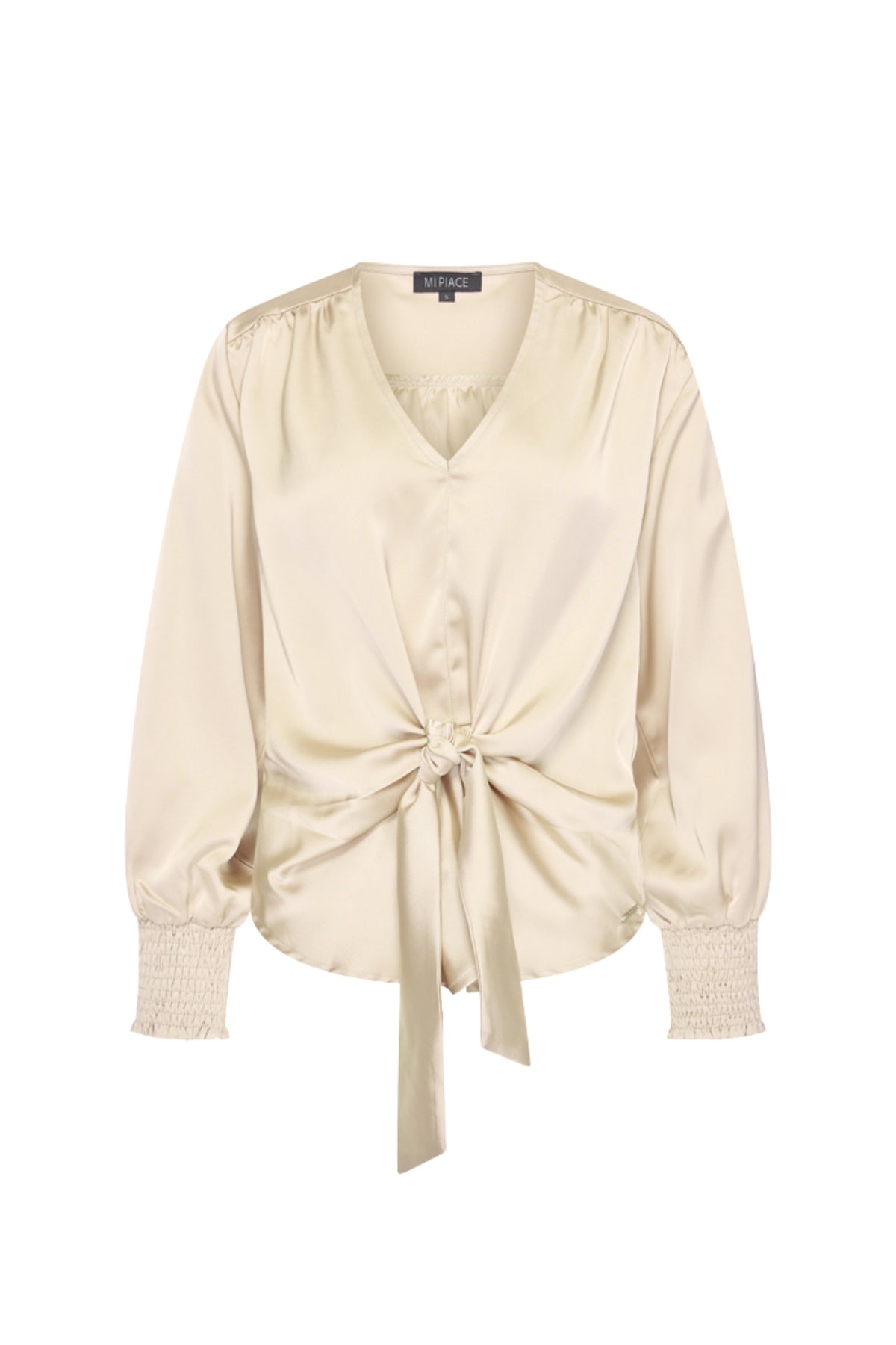 Zwarte satijnen blouse met knoopdetail van Mi Piace, elegant en comfortabel, zichtbaar met geknoopte halslijn en glanzend materiaal