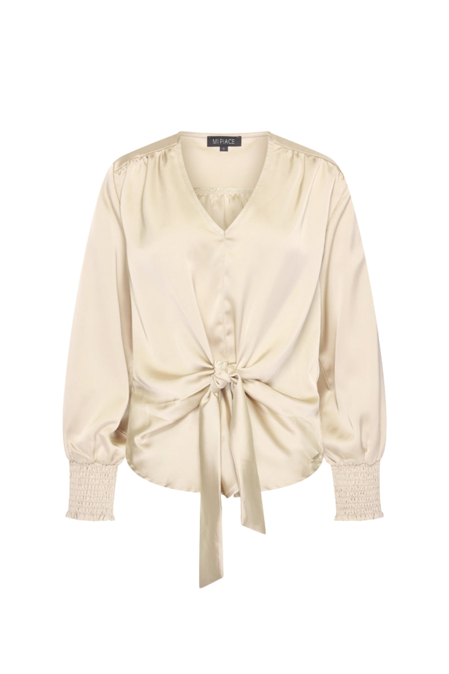 Zwarte satijnen blouse met knoopdetail van Mi Piace, elegant en comfortabel, zichtbaar met geknoopte halslijn en glanzend materiaal