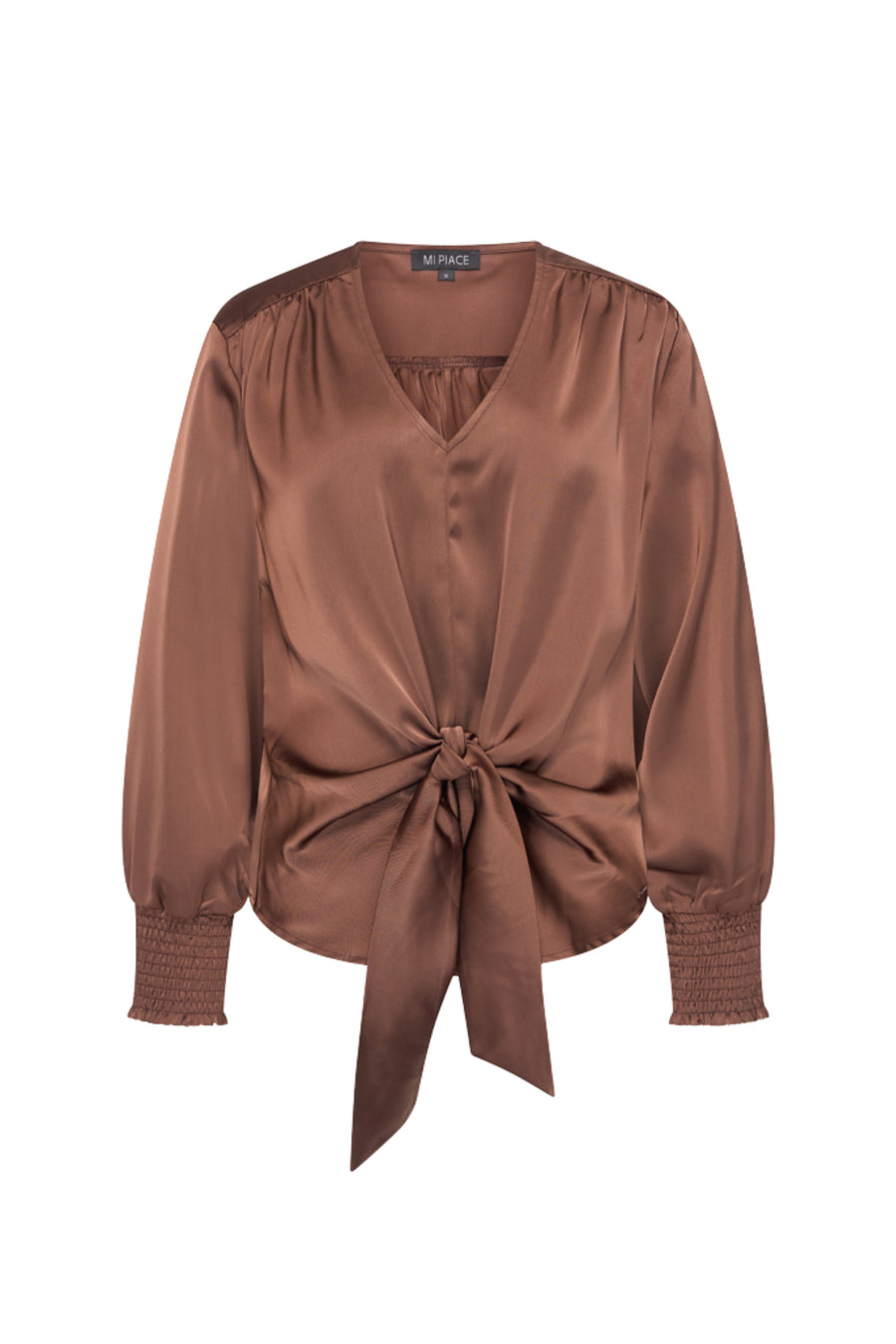 Zwarte satijnen blouse met knoopdetail op de borst van Mi Piace, elegante en stijlvolle damesblouse voor elke gelegenheid.