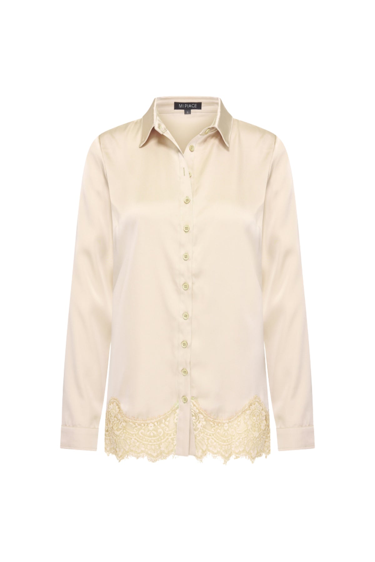 Satin blouse met kanten details in zandkleur van Mi Piace, stijlvolle damesblouse met elegante afwerking.