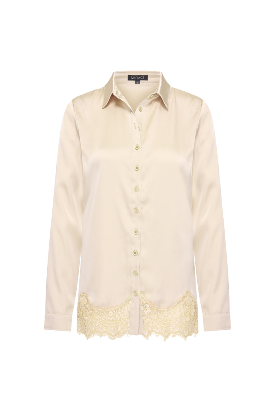 Satin blouse met kanten details in zandkleur van Mi Piace, stijlvolle damesblouse met elegante afwerking.