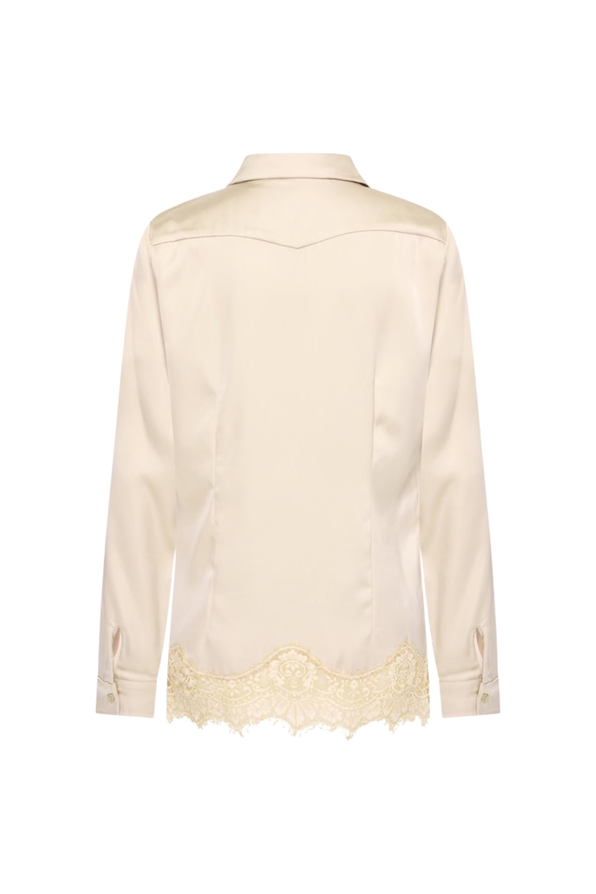 Zwarte satijnen blouse met kanten details van Mi Piace, elegant en modieus voor dames.