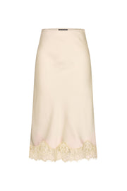 Zilveren satijnen rok met kanten details van Mi Piace, elegant en soepel vallend voor een stijlvolle uitstraling.