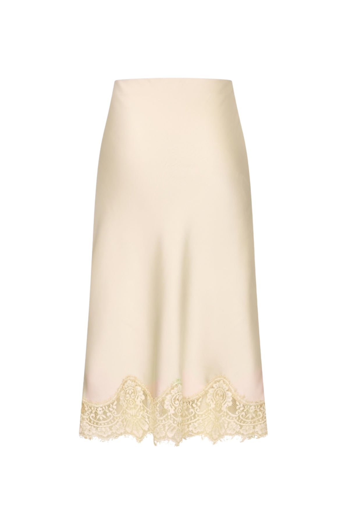 Zilveren satijnen rok met kanten details van Mi Piace, elegante en vrouwelijke rok voor speciale gelegenheden.