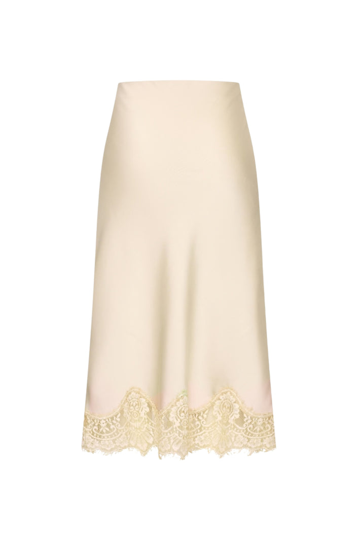 Zilveren satijnen rok met kanten details van Mi Piace, elegante en vrouwelijke rok voor speciale gelegenheden.