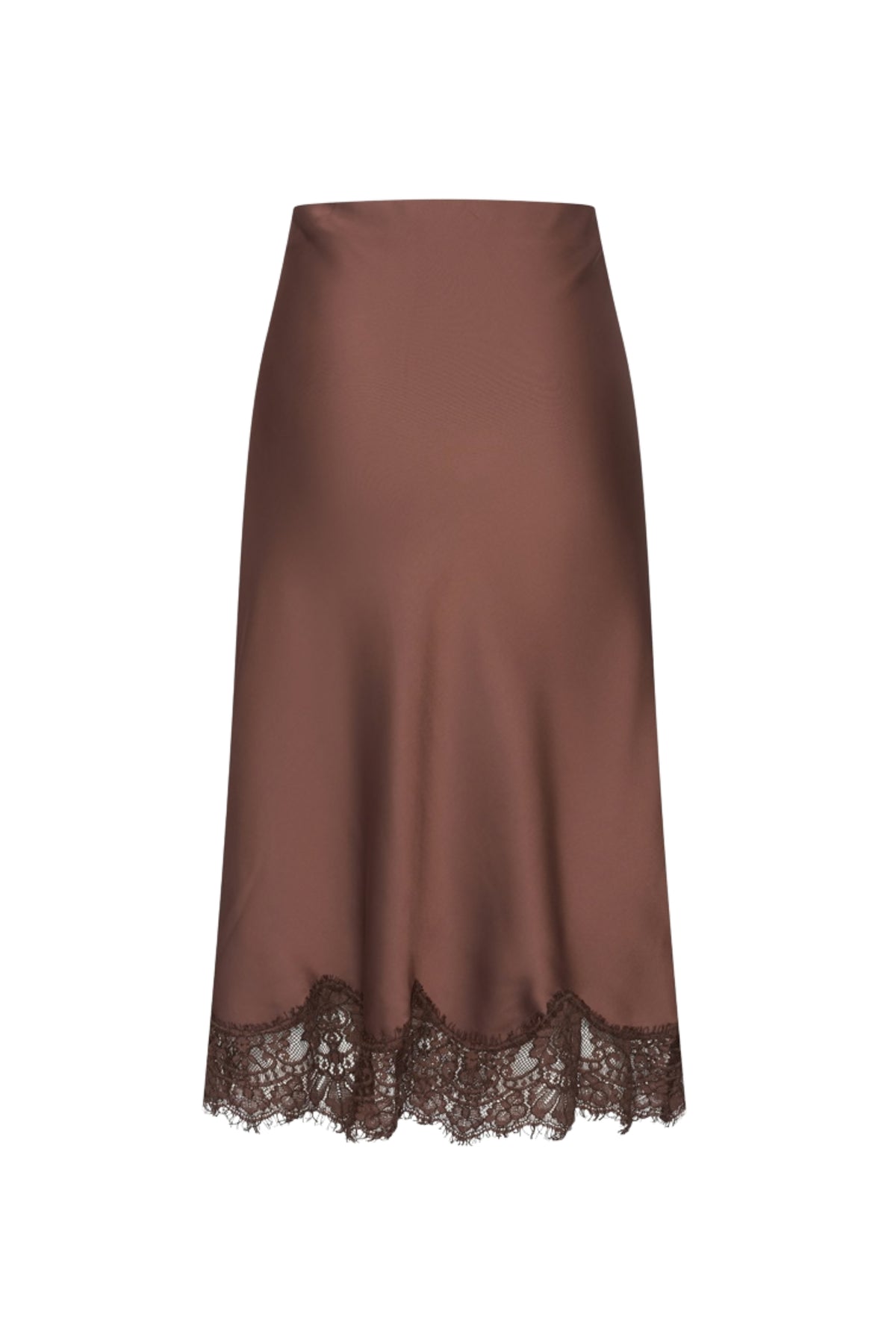 Zachte satijnen rok met kanten details in Chestnut van Mi Piace, elegante kleding met luxe afwerking.