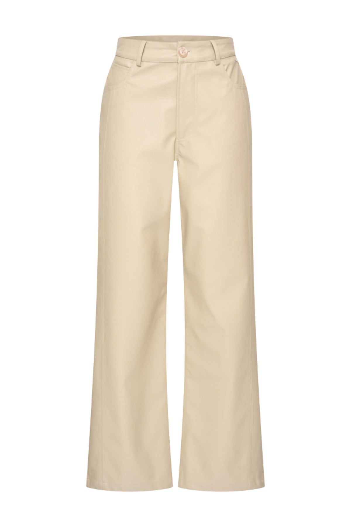 Lange vegan leren broek Milano Sand van Mi Piace met rechte snit en elegante uitstraling, zichtbaar op de foto.