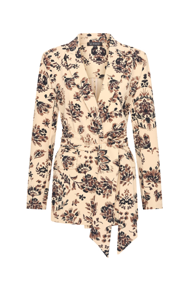 Bonded Travel Blazer Belted Ornamental Flowers Print Sand 202835