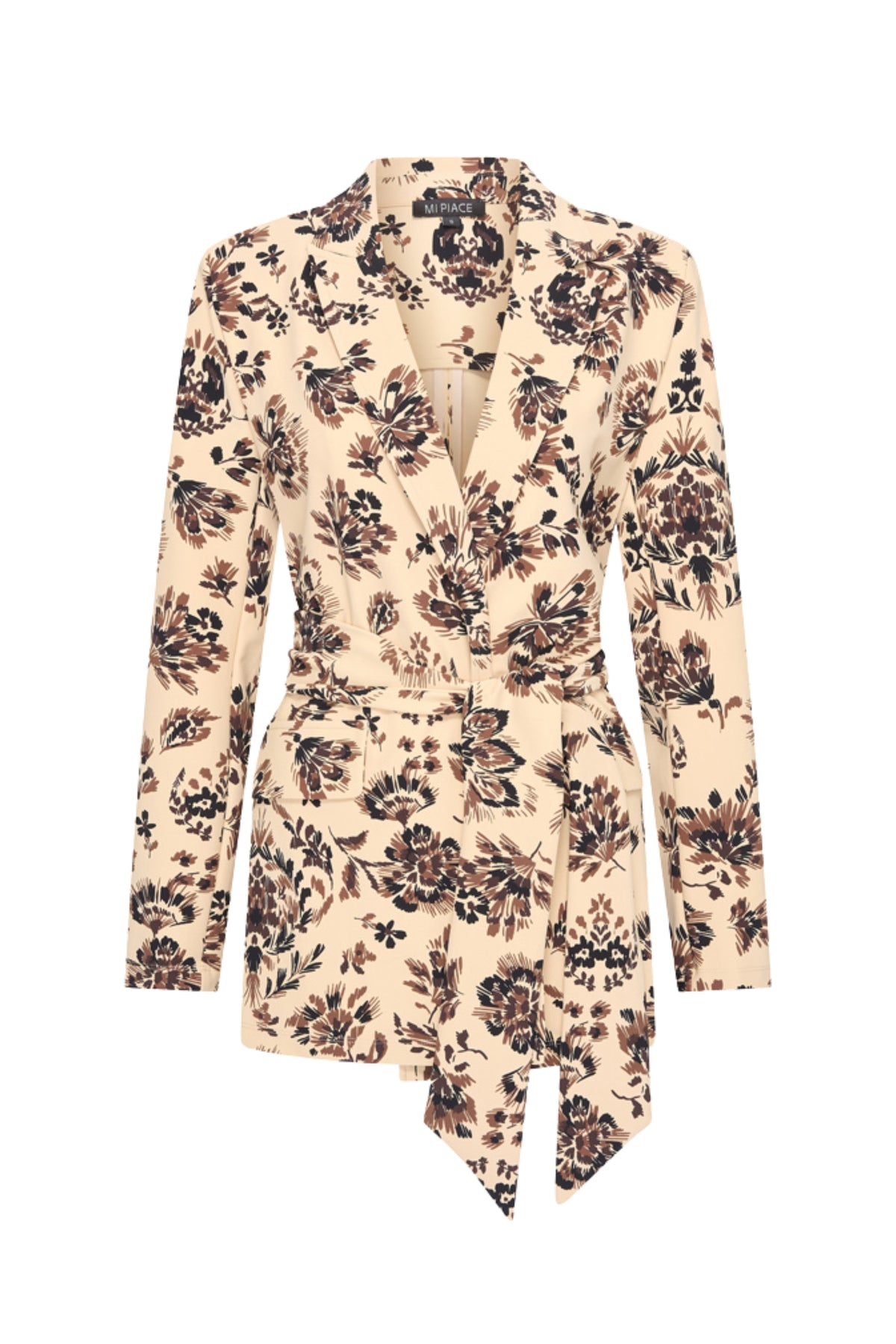 Mi Piace bonded travel blazer met ceintuur en bloemmotief, sandkleurige stof met ornamentale details.