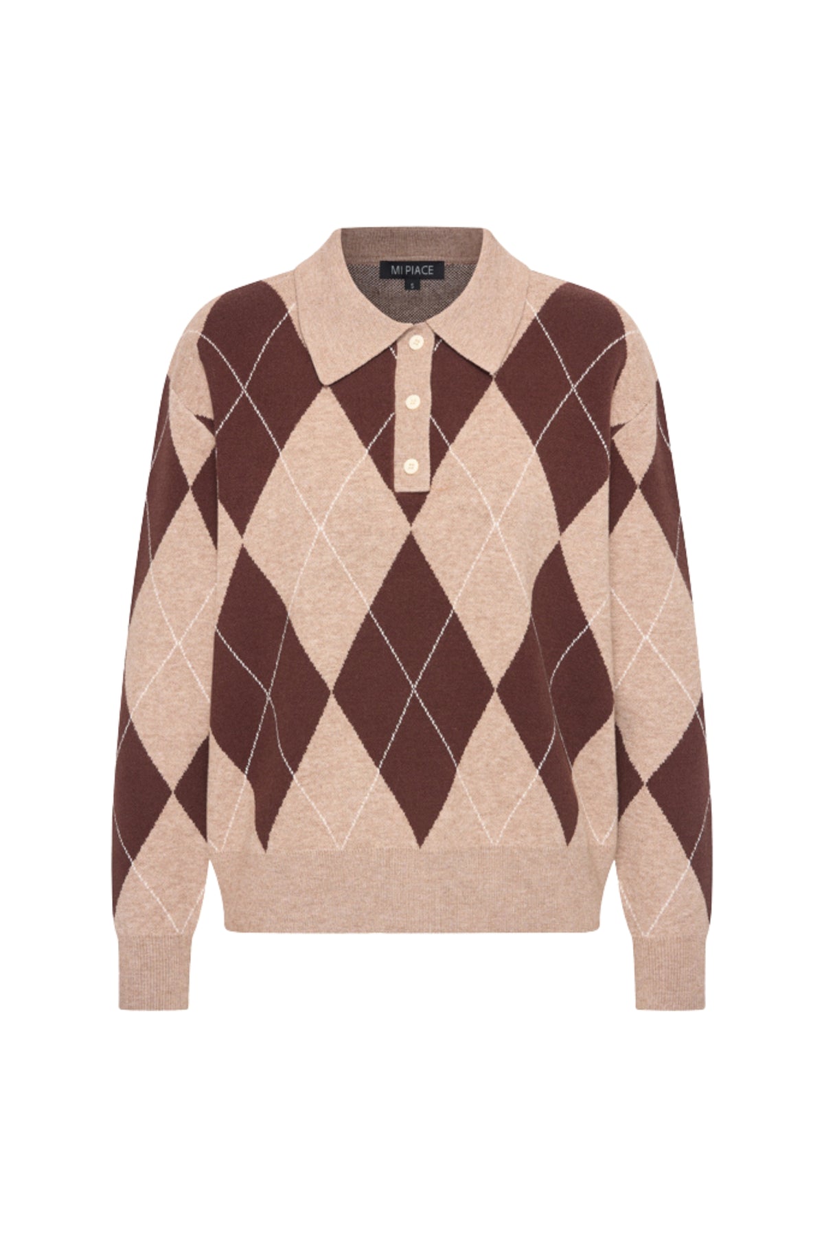 Donkere espressokleurige Argyle trui van Mi Piace met gebreide patroon en ronde hals, gedragen door een model.