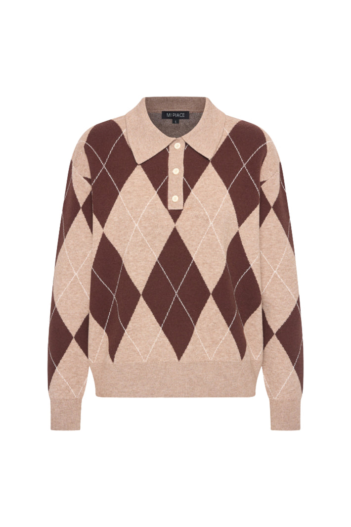 Donkere espressokleurige Argyle trui van Mi Piace met gebreide patroon en ronde hals, gedragen door een model.