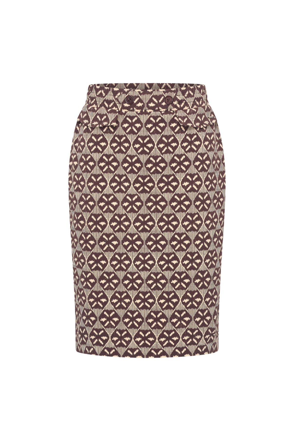 Mi Piace Travel Rok Harvest Ikat Print in espresso, met kleurrijk patroon en comfortabele pasvorm, geschikt voor reizen en casual dragen.