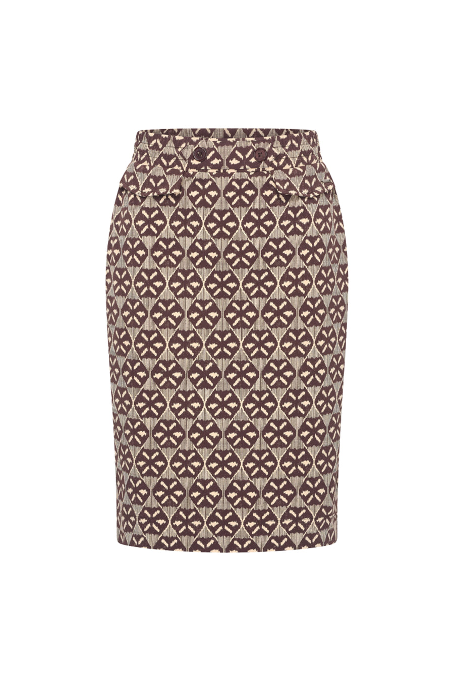 Mi Piace Travel Rok Harvest Ikat Print in espresso, met kleurrijk patroon en comfortabele pasvorm, geschikt voor reizen en casual dragen.