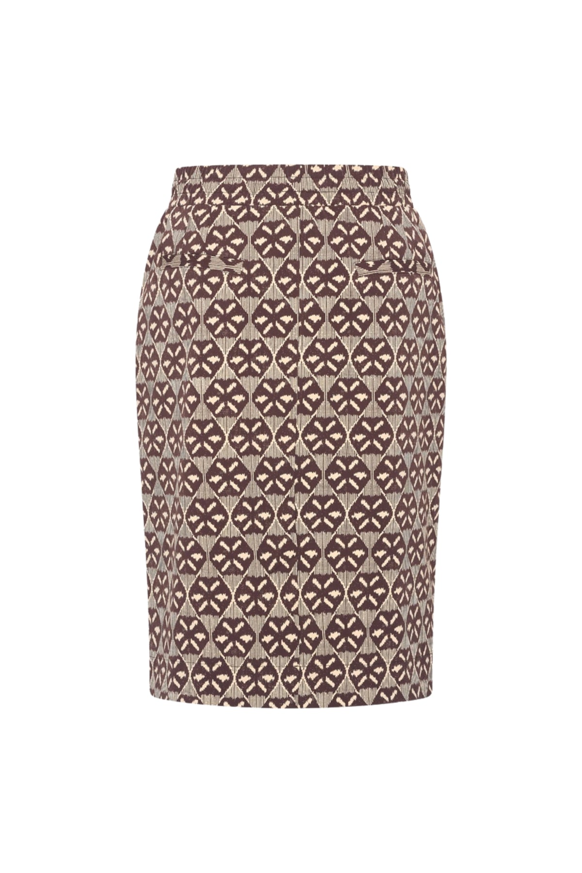 Mi Piace Travel Rok Harvest met ikat print in espresso kleur, stijlvolle en comfortabele damesrokken voor reizen en casual draagstijl