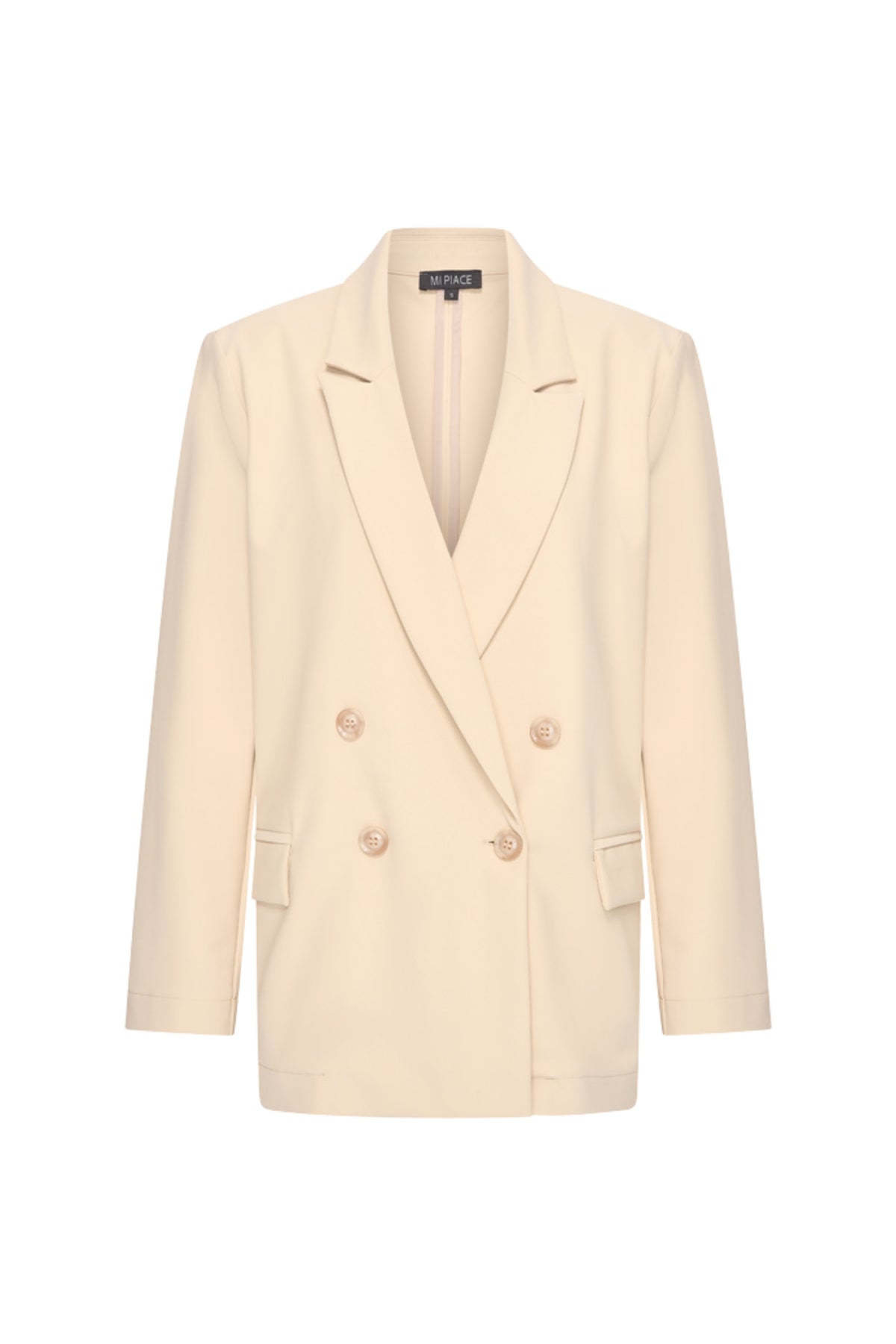 Oversized reisblazer in zandkleur van Mi Piace, getoond in deze afbeelding. Comfortabele en stijlvolle damesjas.