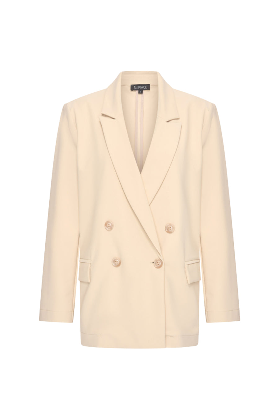 Oversized reisblazer in zandkleur van Mi Piace, getoond in deze afbeelding. Comfortabele en stijlvolle damesjas.