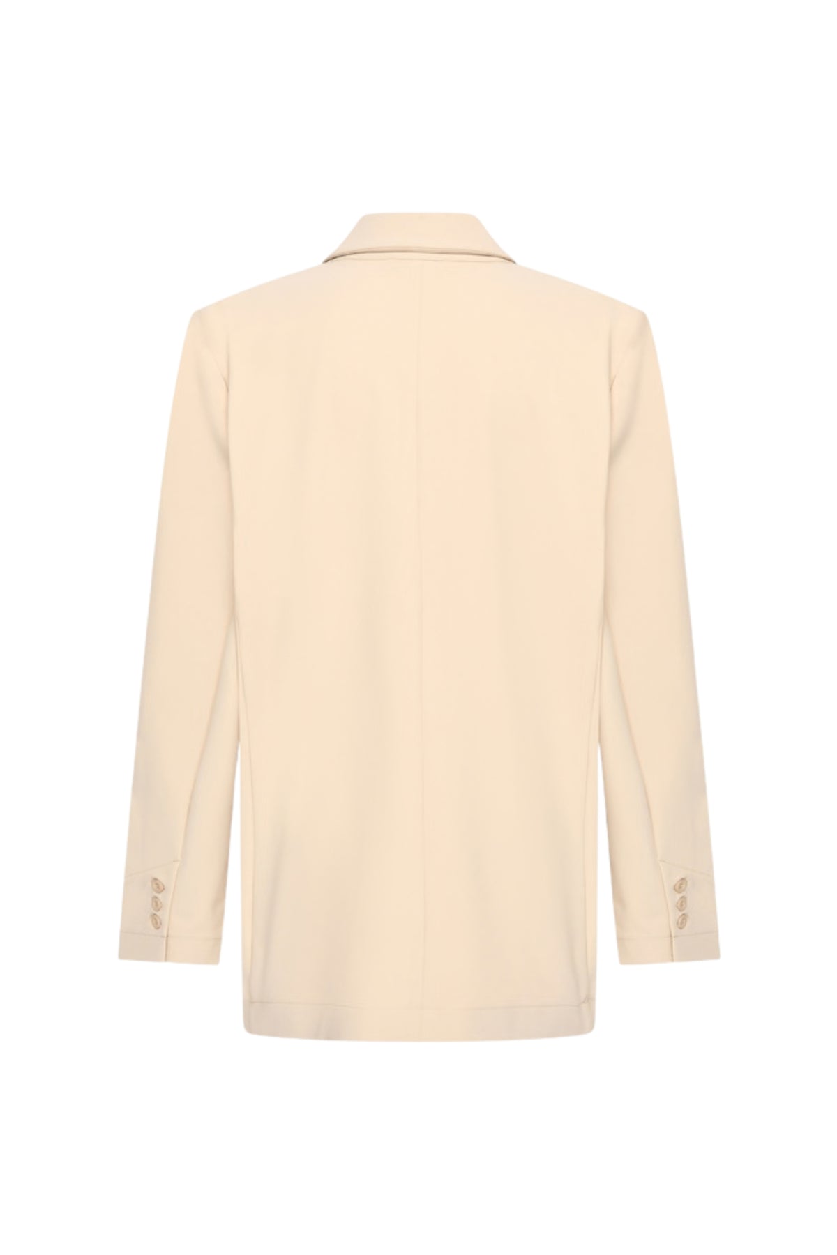 Oversized Bonded Travel Blazer in zandkleur van Mi Piace, zichtbaar op model met elegante pasvorm en comfortabele stijl