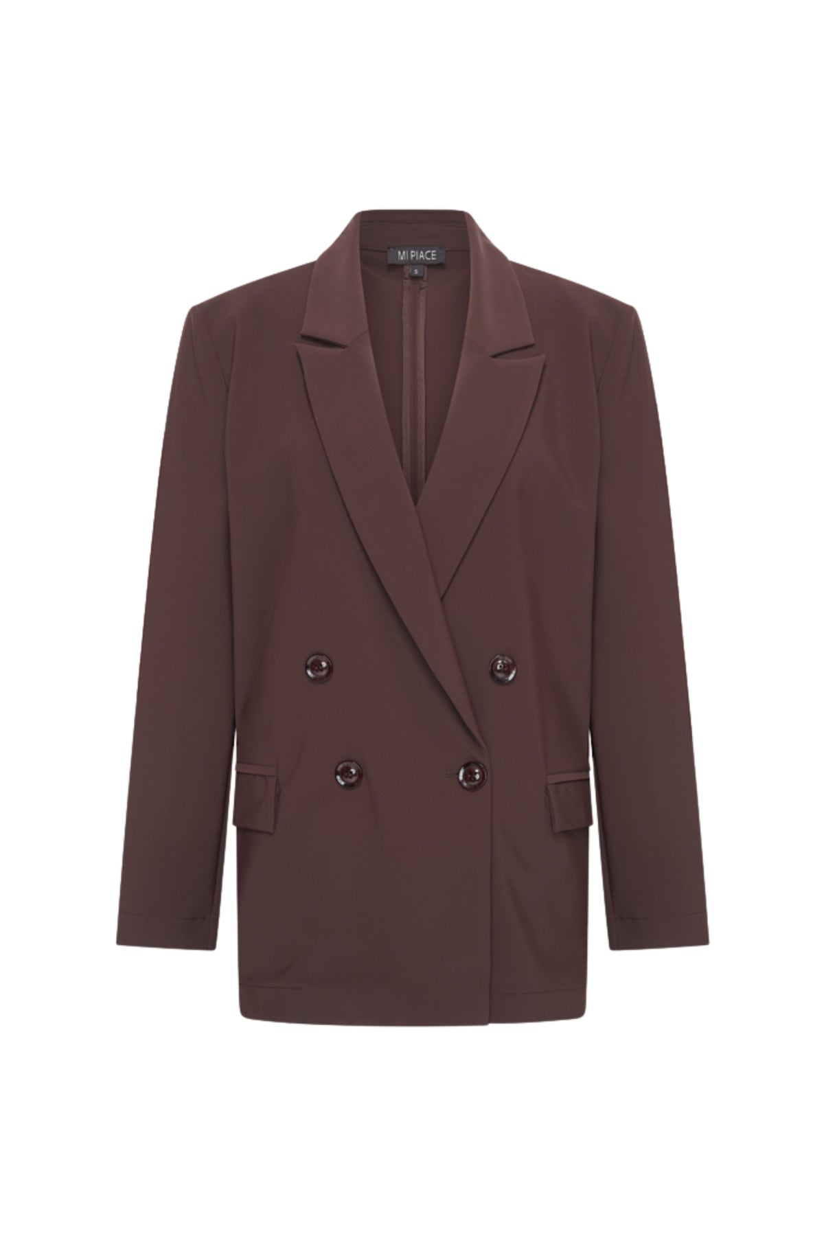 Oversized espresso bonded travel blazer van Mi Piace, op de foto liggend op een witte achtergrond, met klassieke stijl en zachte stof.