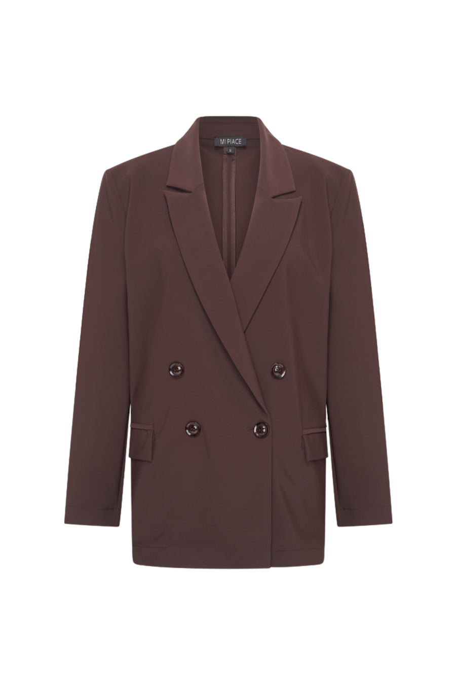 Oversized espresso bonded travel blazer van Mi Piace, op de foto liggend op een witte achtergrond, met klassieke stijl en zachte stof.