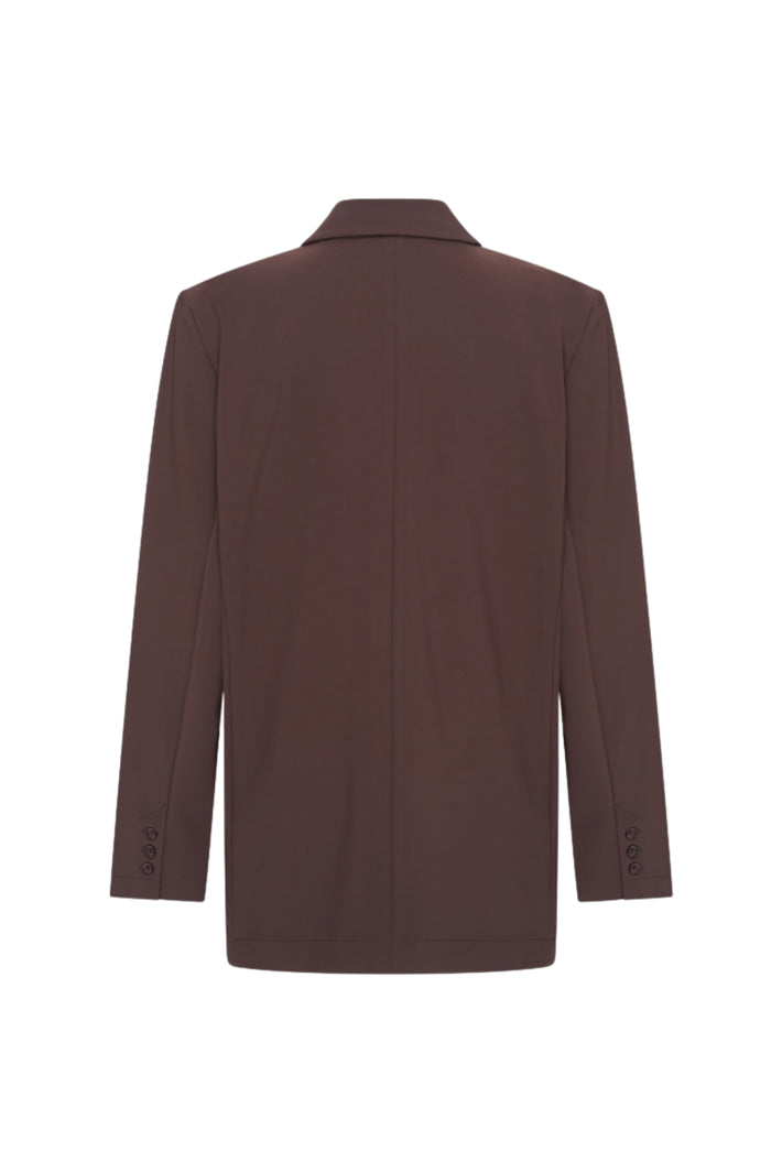 Oversized bonded reisblazer van Mi Piace in espresso kleur, zichtbaar op een model, met stevige stof en stijlvolle snit.