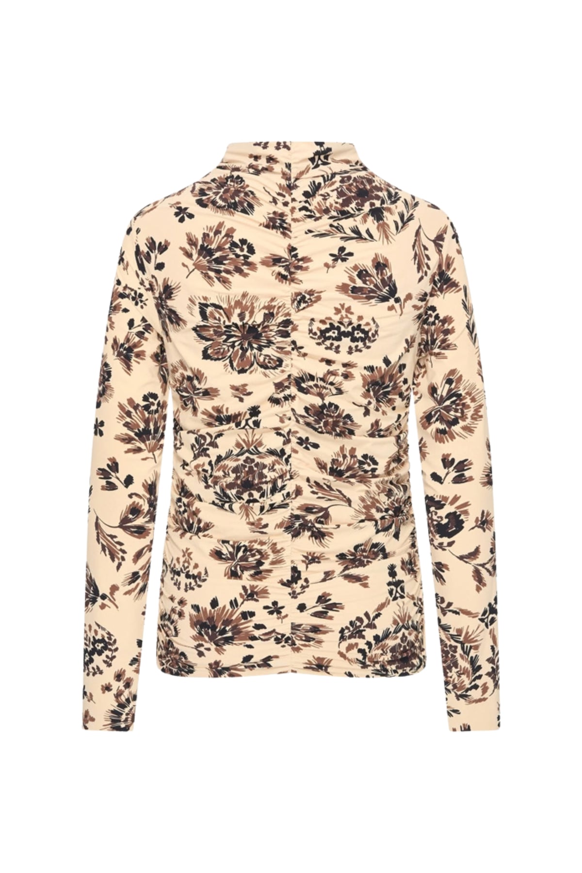 Mi Piace reiskleding met wrijflichte ornamentale bloemenprint in zandkleur, elegant en comfortabel voor reizen.