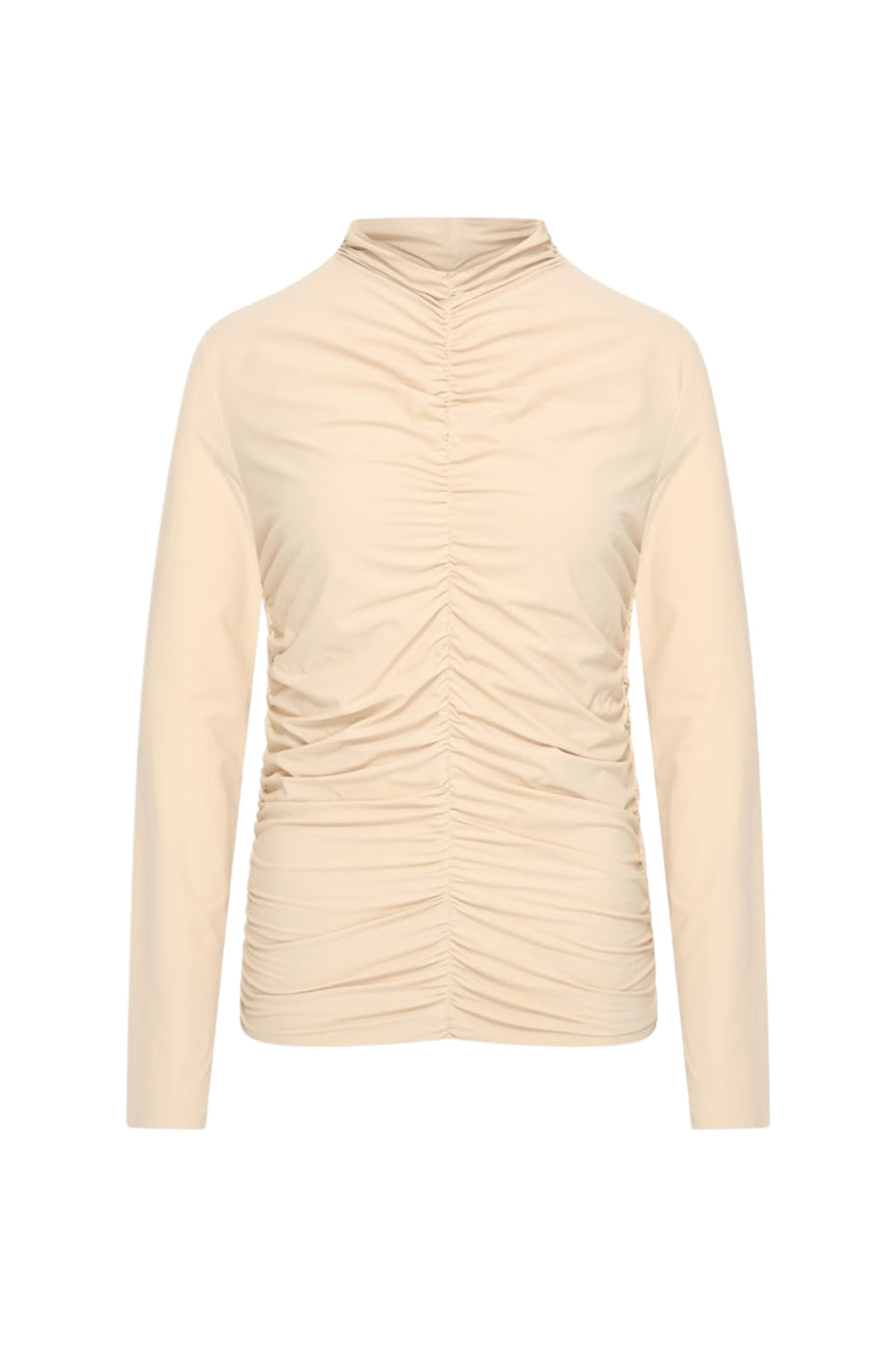 Lichtgewicht reis top van Mi Piace in wrijflichte zandkleur, met stijlvolle details en comfortabele pasvorm.