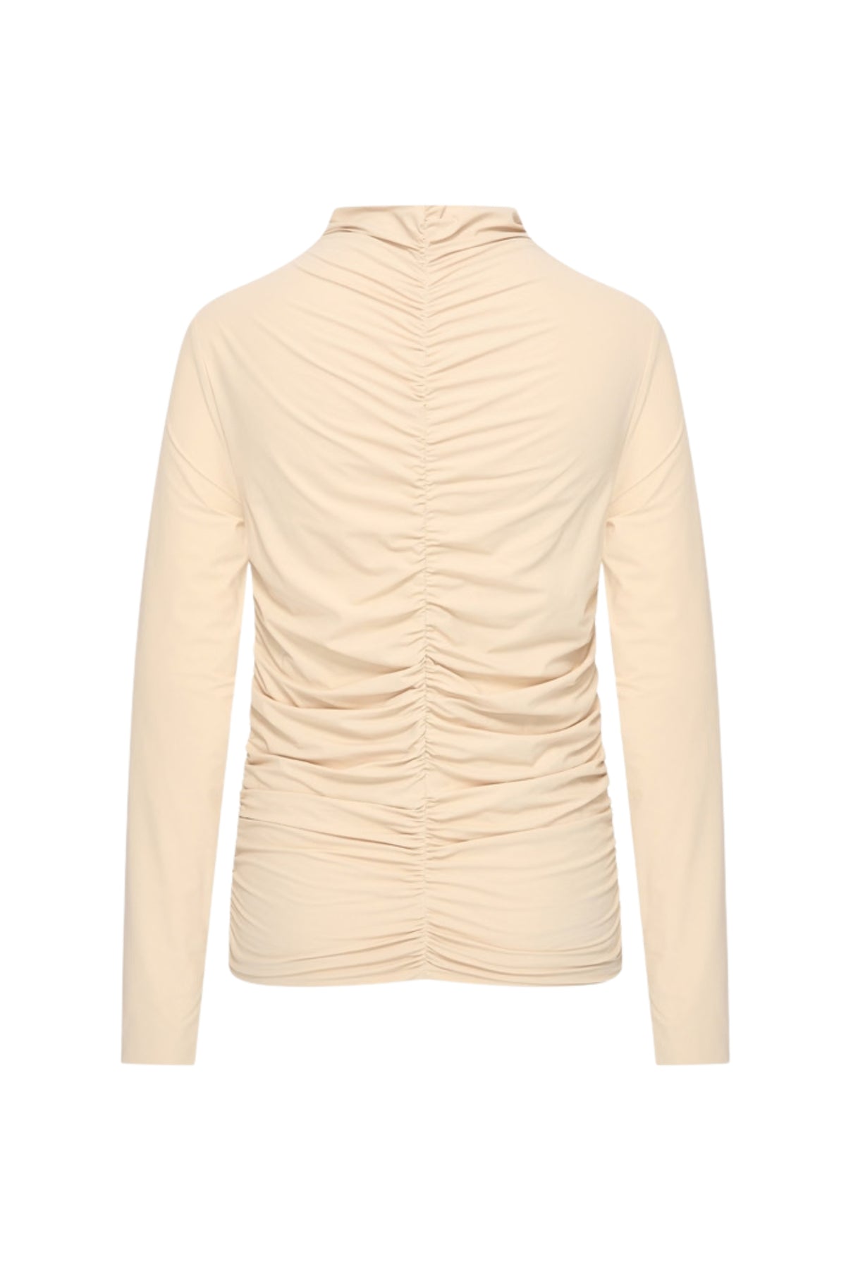 Licht zandkleurige Travel Top Wrinckle van Mi Piace, casual top met ruches en korte mouwen, geschikt voor reizen en dagelijks gebruik
